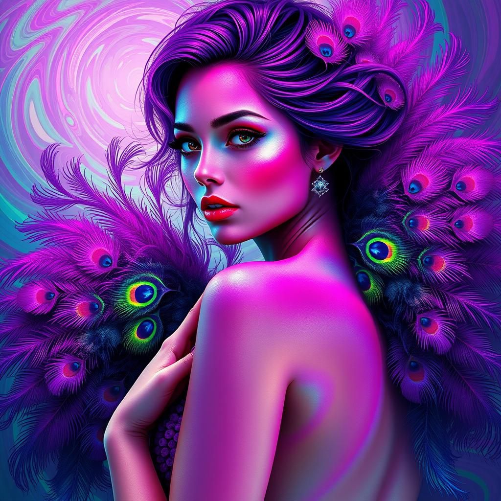 Iridescent Woman with Peacock Feathers, Digital Art