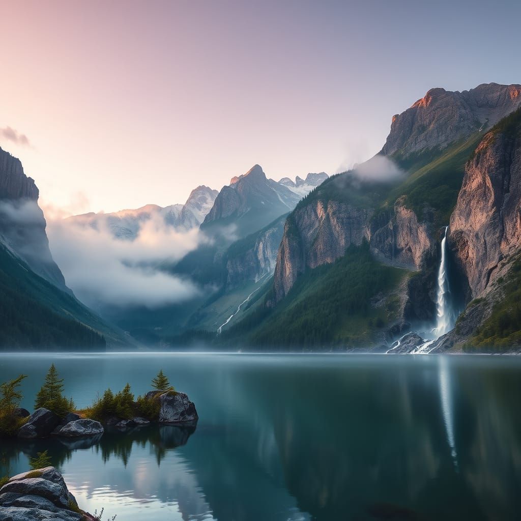 Alpine Lake at Dawn in Hyperrealistic Photography Style