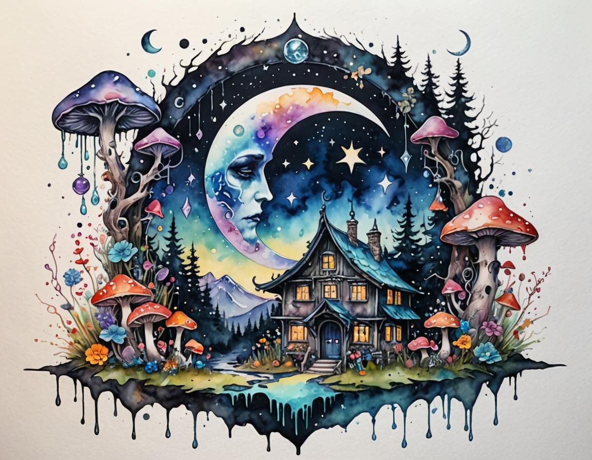 Pastel Goth Pagan Home Watercolor with Runes