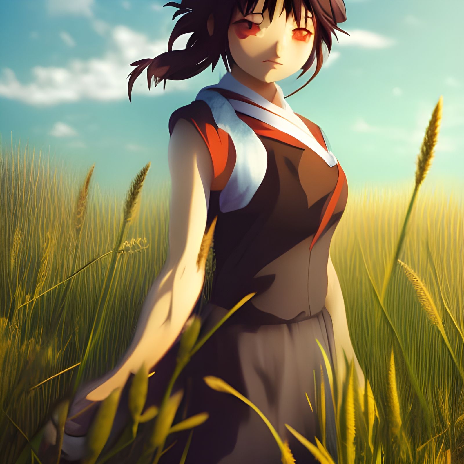 Female Archer in Wheat Field: Anime Key Visual