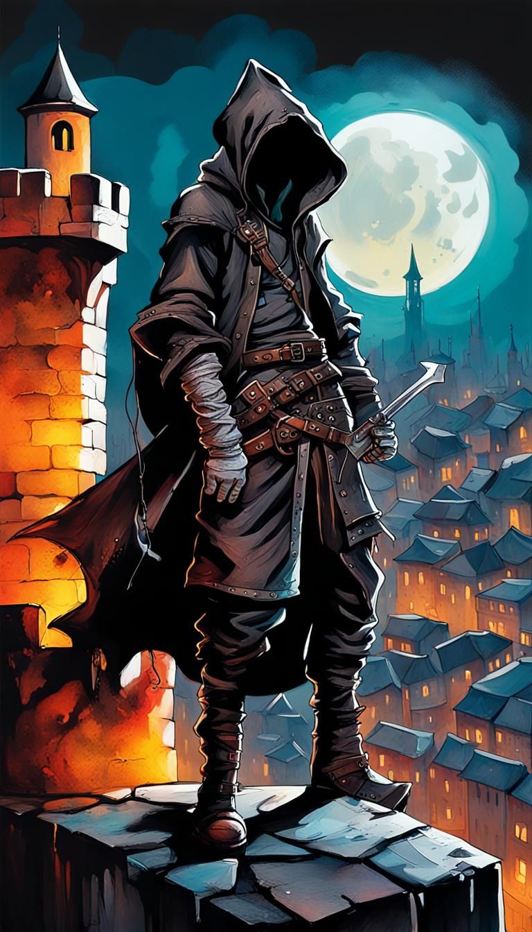 Fantasy Assassin on Medieval Fortress, Graffiti Art Style