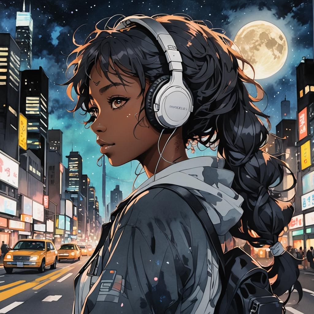 Anime Portrait of Girl with Headphones