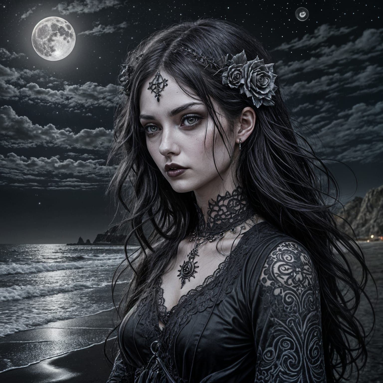 goth girl on black sand beach