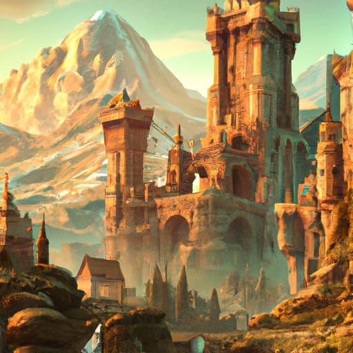 Mountain Castle Concept Art in Orange and Teal