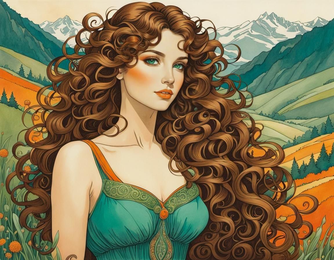 Woman in Meadow: Mucha-Style Cel-Shaded Ink Drawing