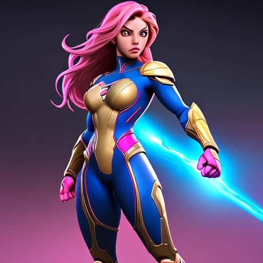 Hyperrealistic Female Superhero with Pink Hair and Gold Suit