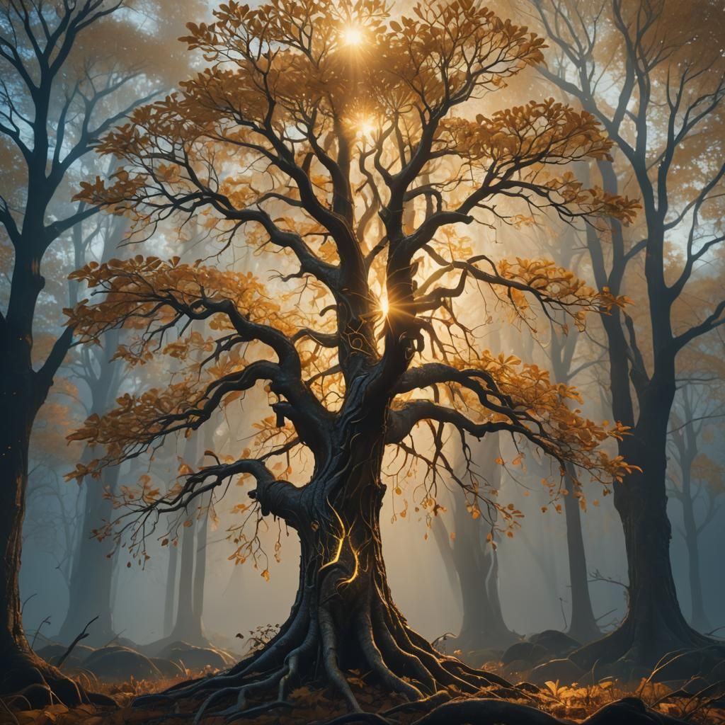 Golden Fantasy Tree with Glowing Roots
