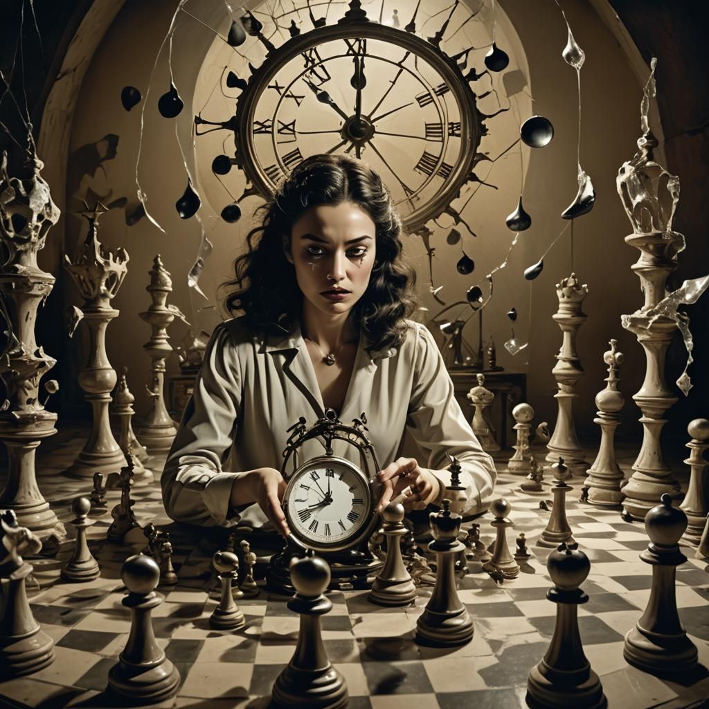 Surreal Woman with Melting Clock in Dreamscape