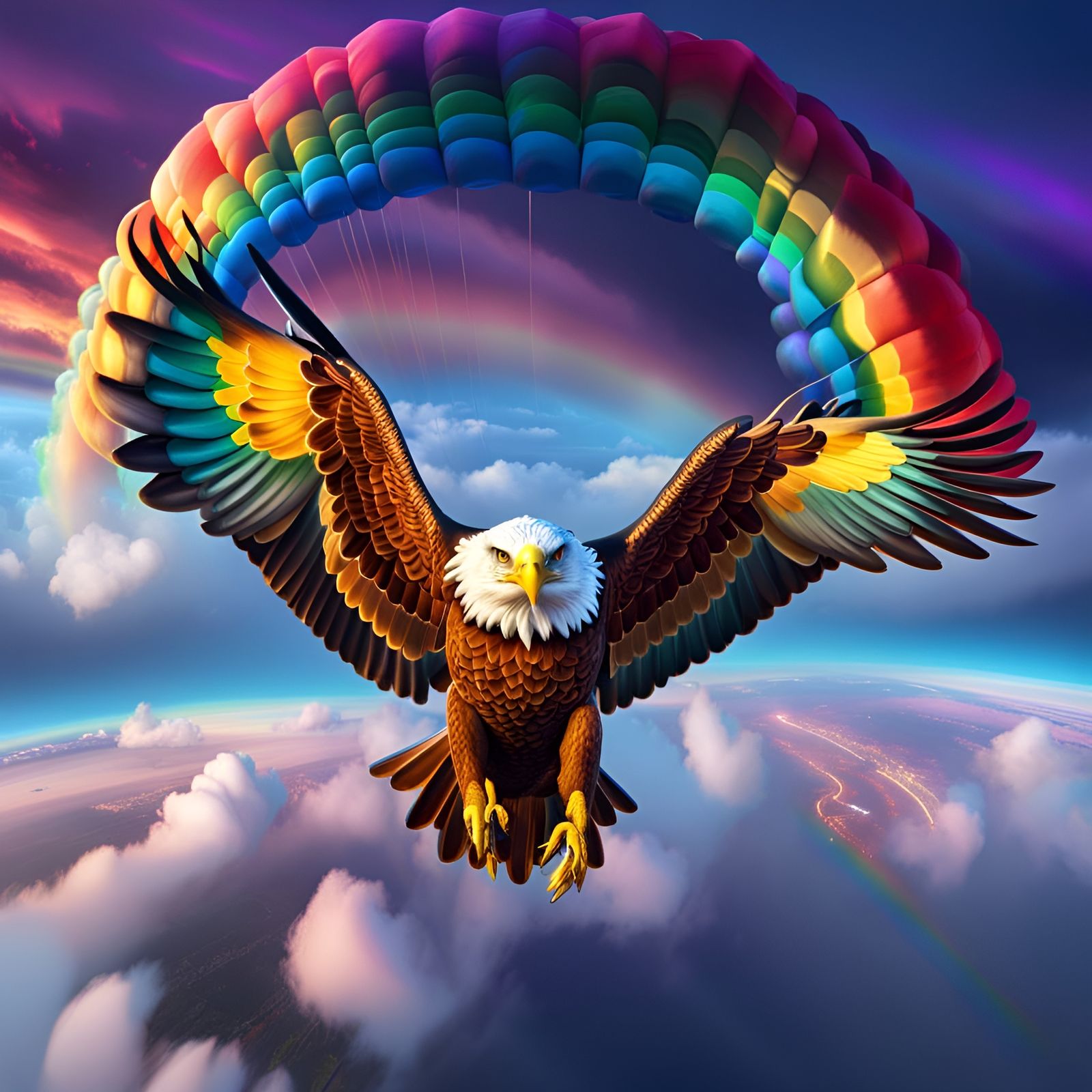 Eagle Skydiving from Rainbow: Hyperdetailed 8K Resolution