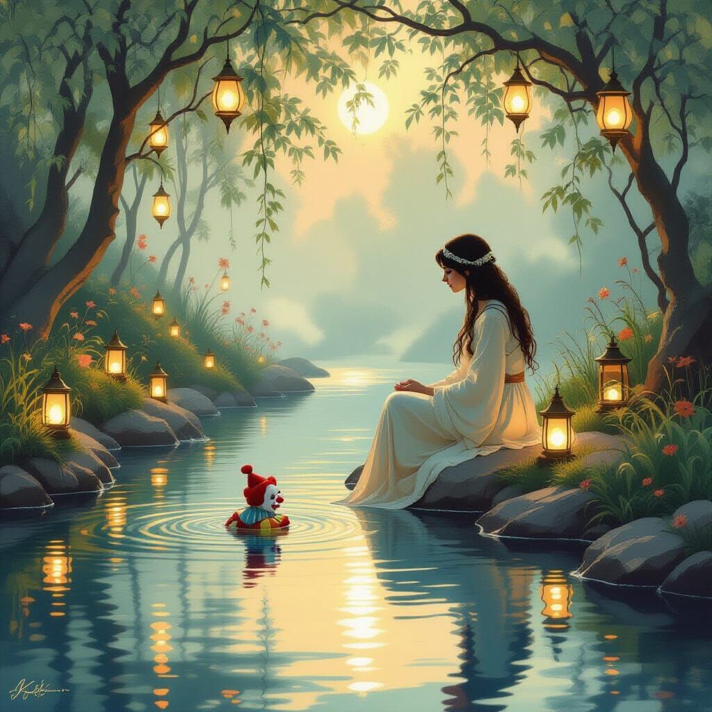 Serene Figure Contemplates Stream With Mysterious Clown