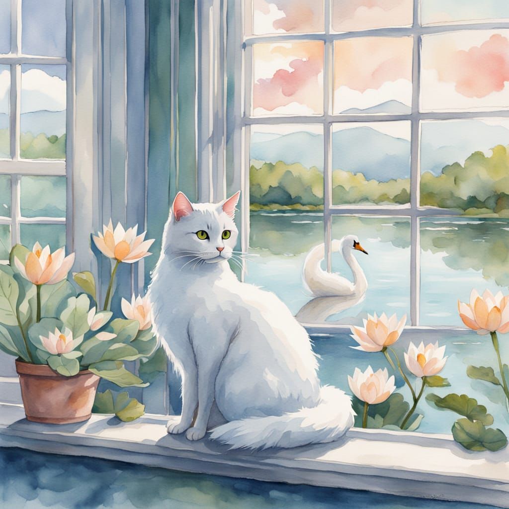 Whimsical Cat in Swan Costume Windowsill Scene