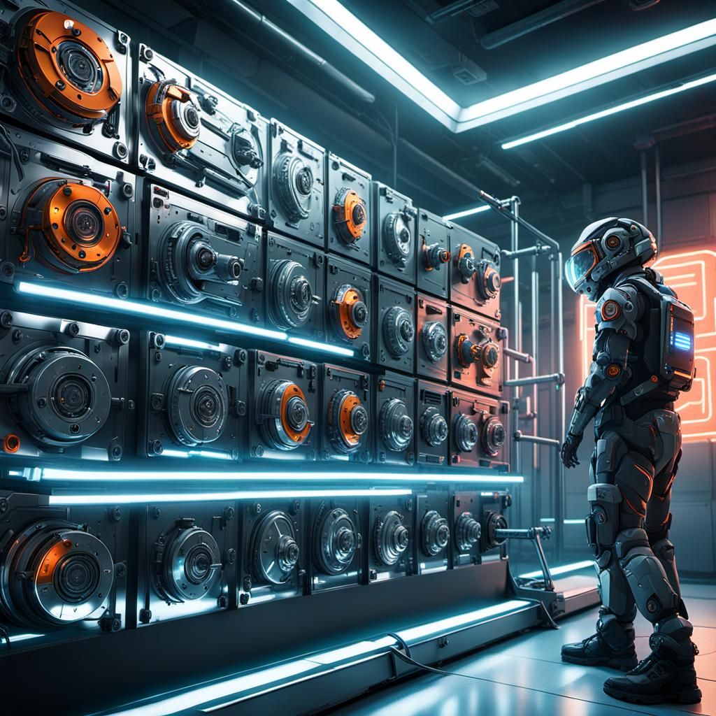 Intricate Mech in Neon-Lit Futuristic Laboratory