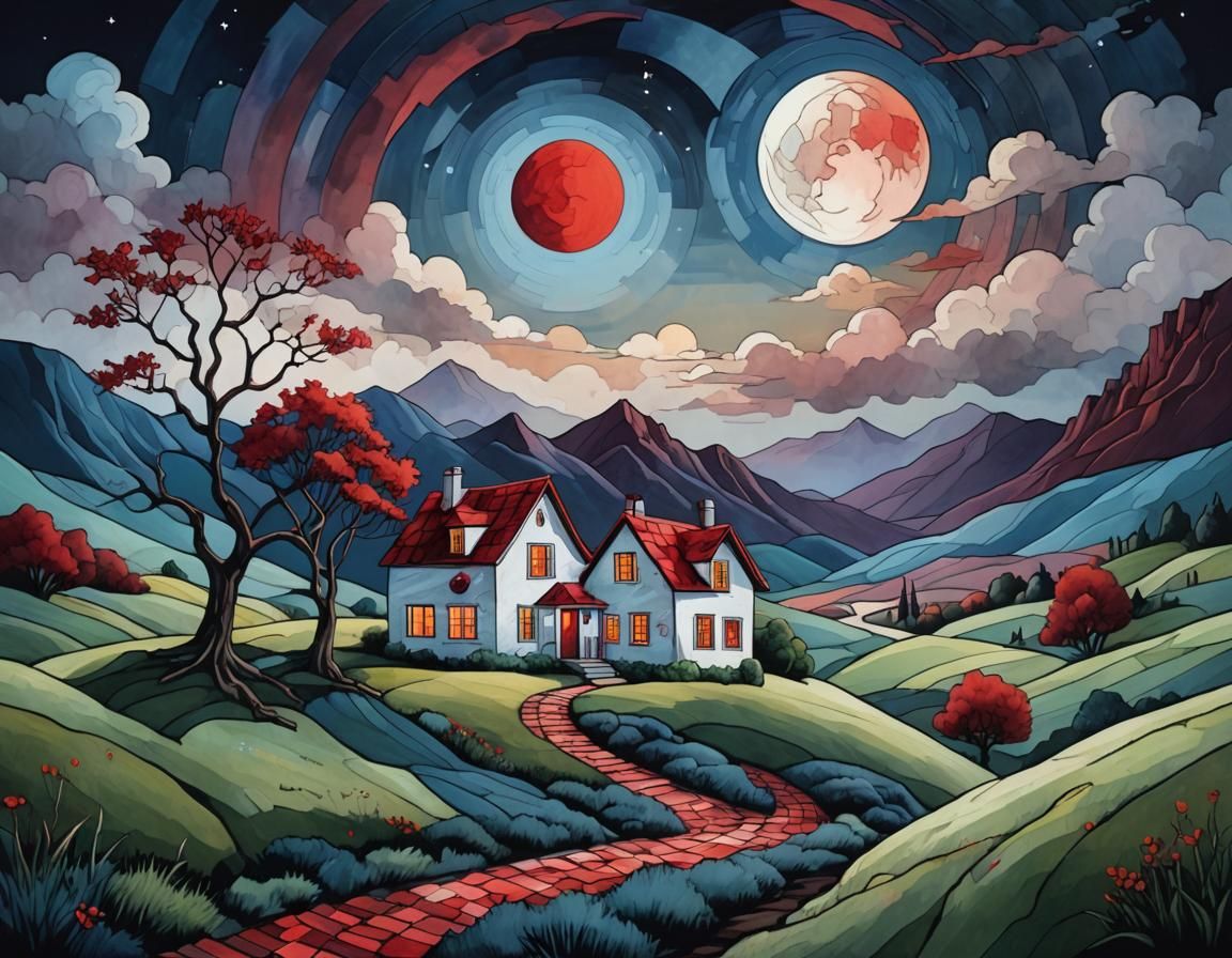 Surreal Landscape with Glowing Path Under Red Moon