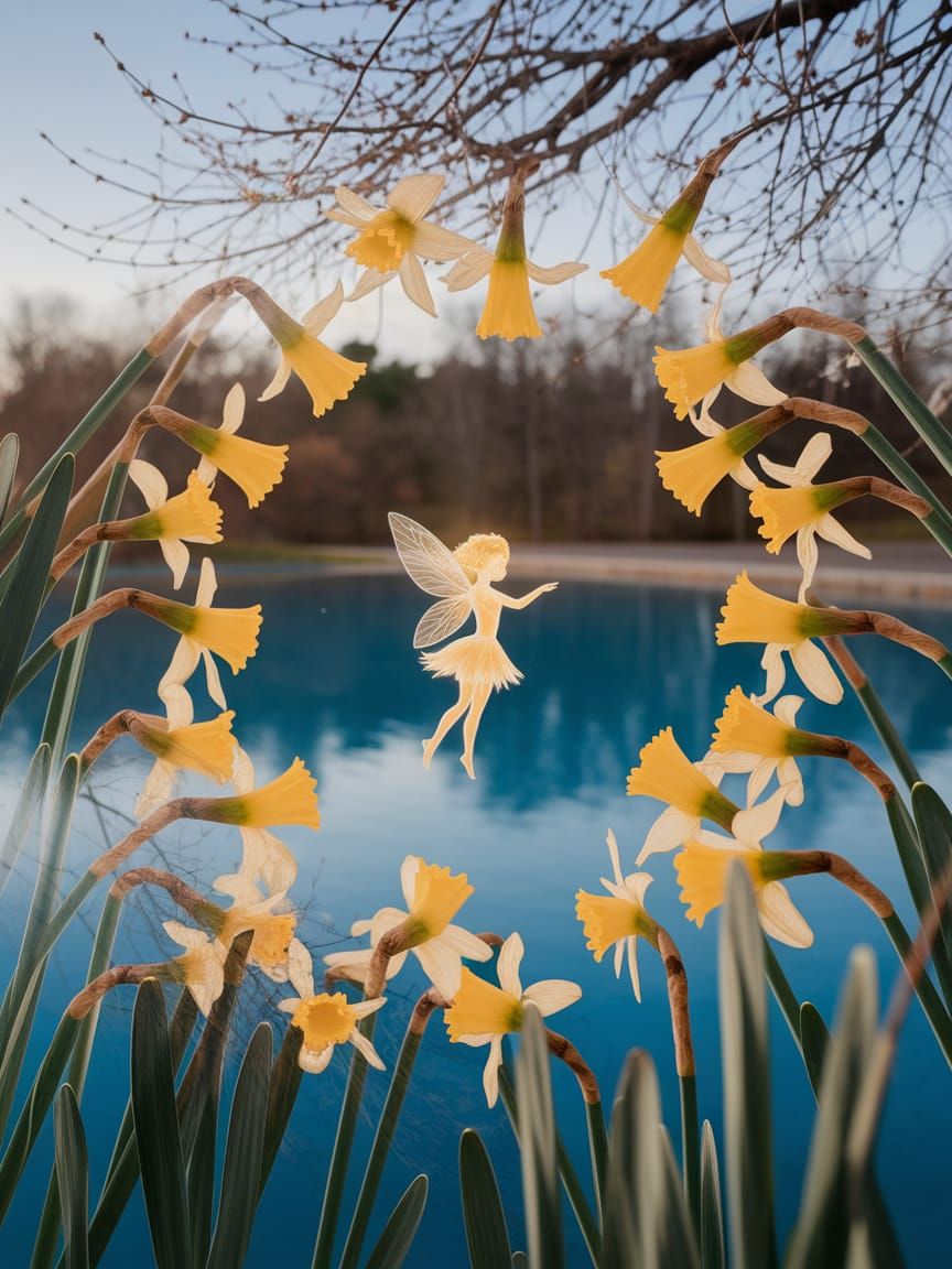 Golden Daffodils Dance with Fairy in Double Exposure