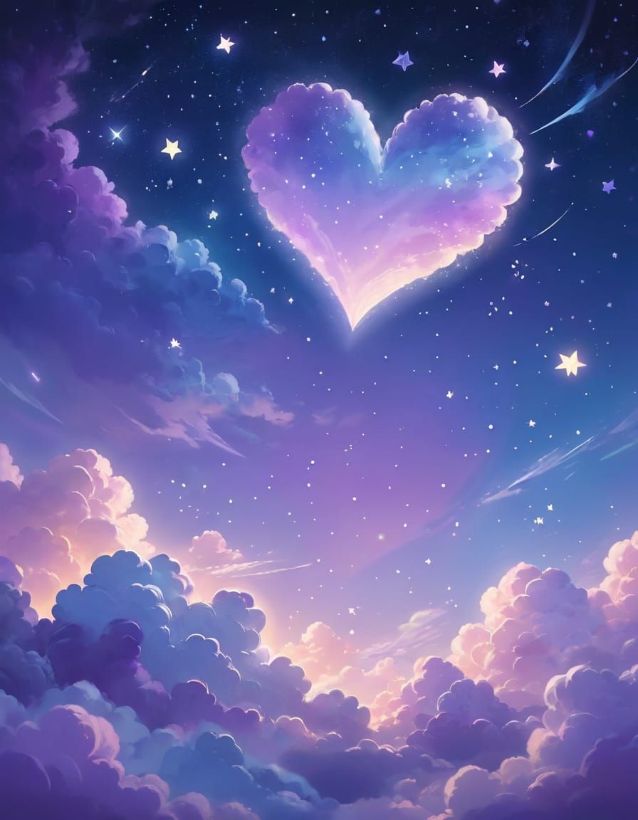 Whimsical Night Sky with Heart-Shaped Clouds in Pastel Color...