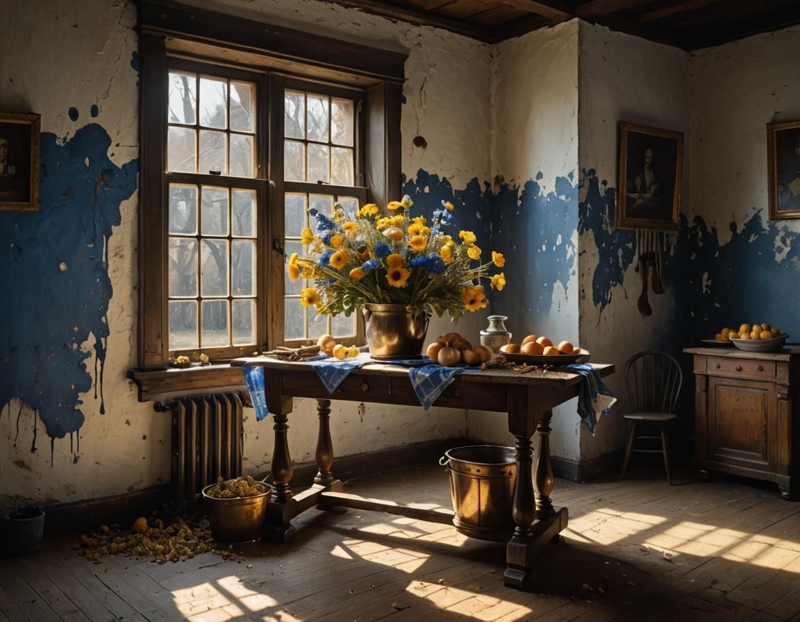 Dry Flowers in Delft Blue Bucket: Hyperrealist Painting