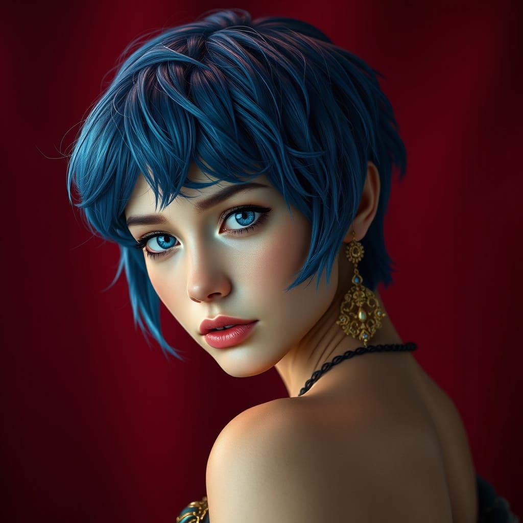 Elegant Fantasy Maiden with Vibrant Blue Hair and Piercing B...
