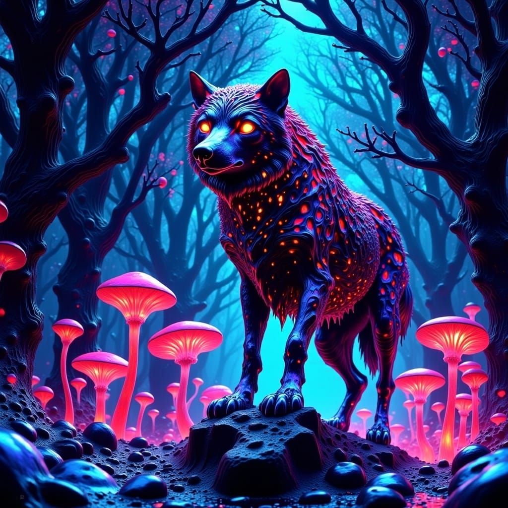 Majestic Lava Wolf in Florescent Mushroom Forest