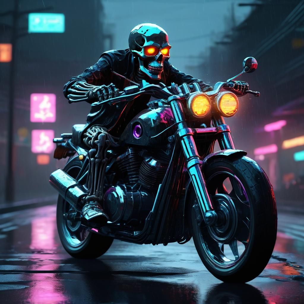 Cyberpunk Skeleton Rider on Neon Roadway