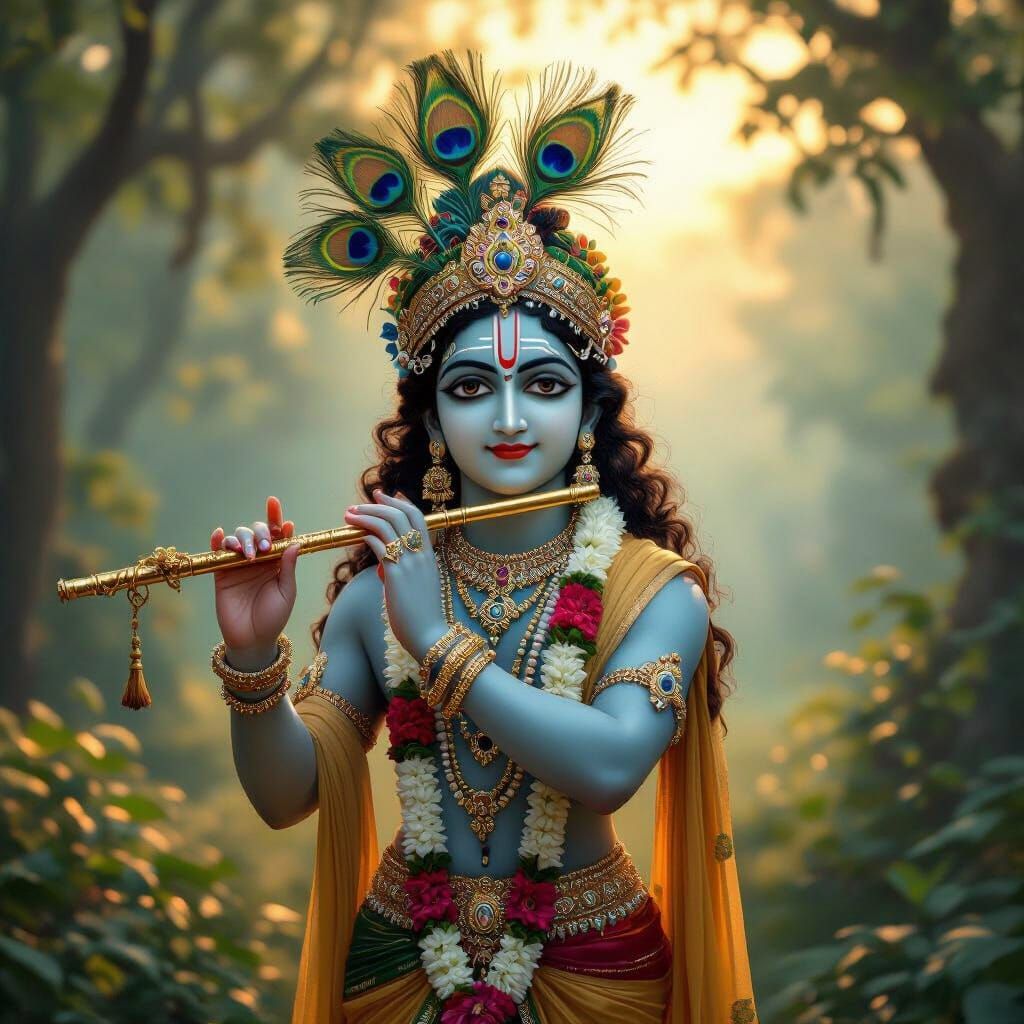 Photorealistic Portrait of Lord Krishna in Ethereal Dawn Lig...