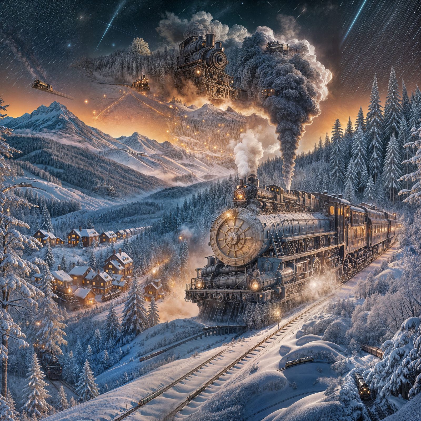 Whimsical Steam Locomotive Soars Across Starry Night Sky