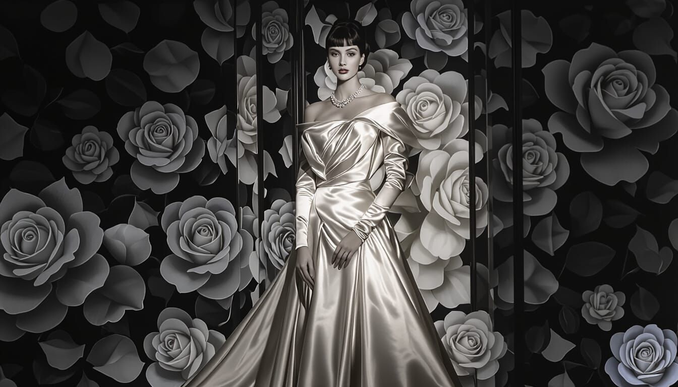 Elegant Woman Amidst White Roses, Hyper-Realistic Style