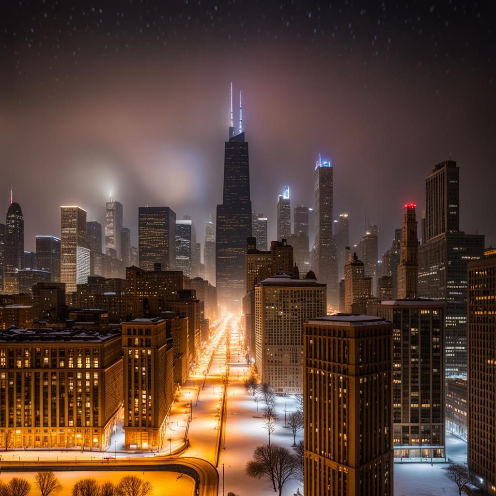 Chicago Skyline in Blizzard, Hyperrealistic Night Photo