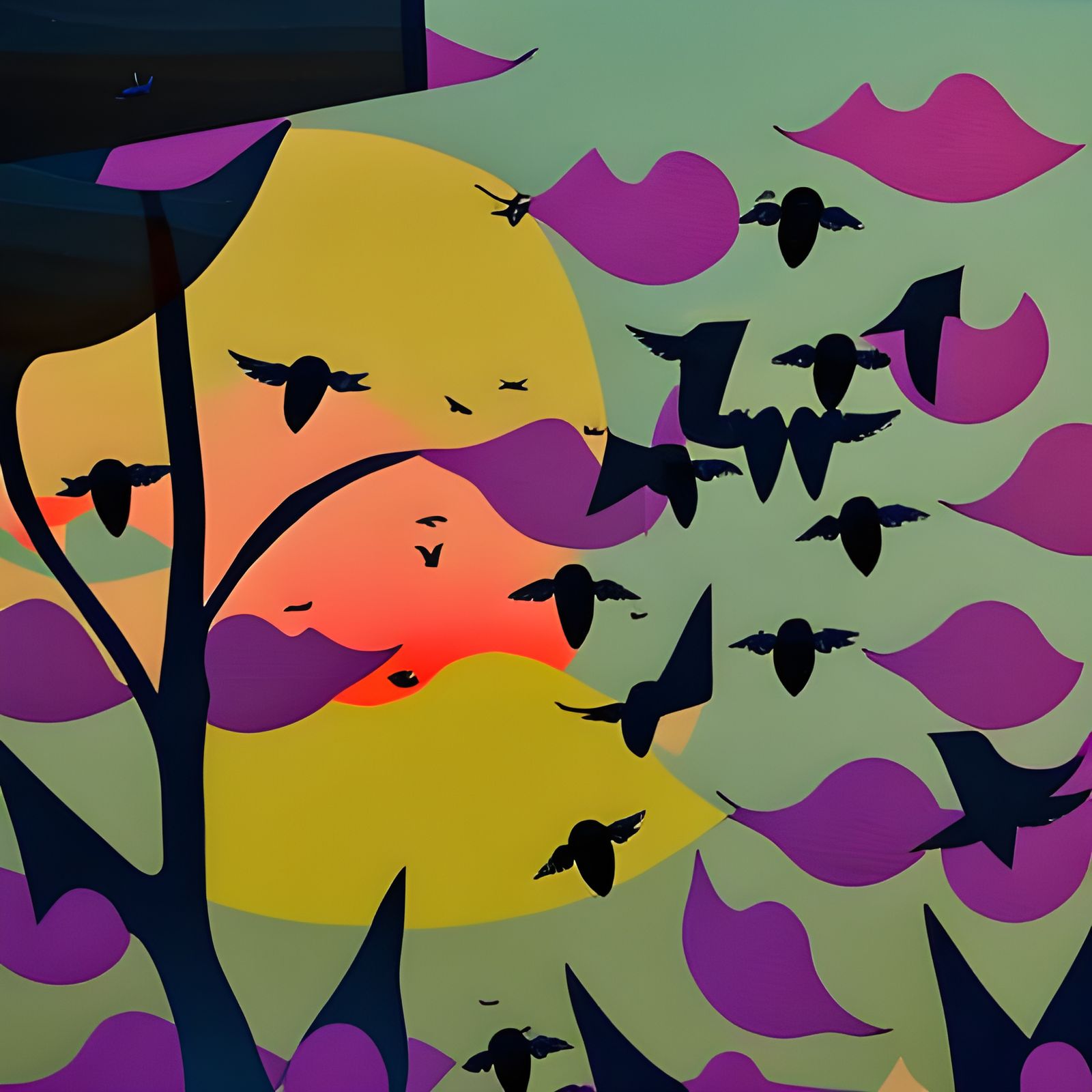 Swallows Murmuration at Sunset, Painterly Style