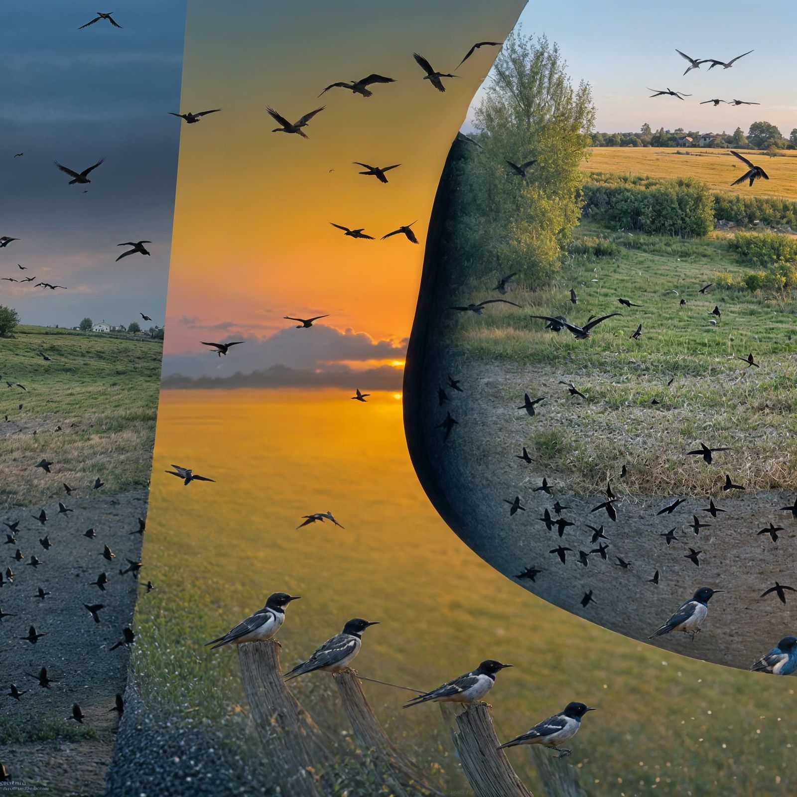 Swallows Murmuration at Sunset over Fruit Trees