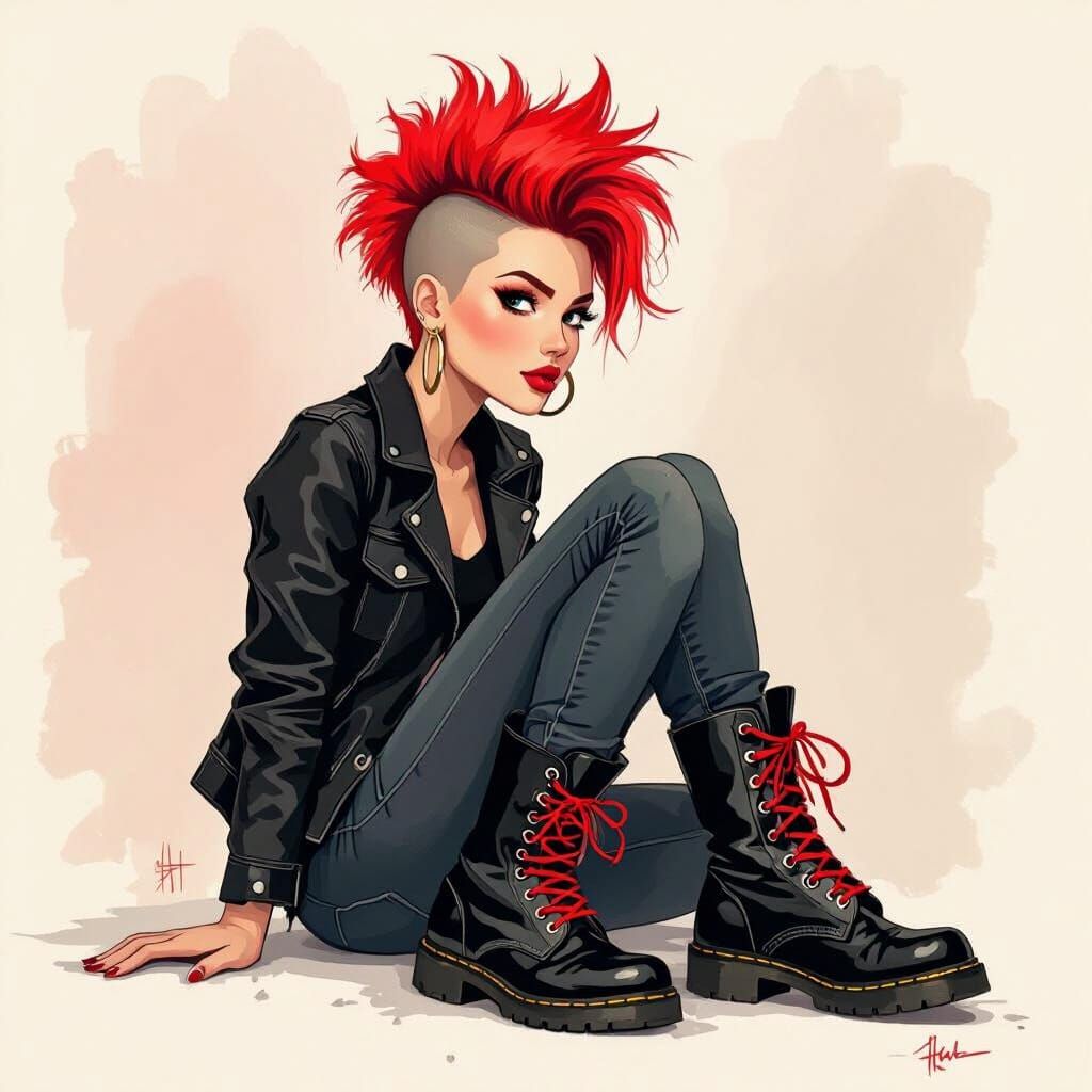 Woman with Red Mohawk in Watercolor Style