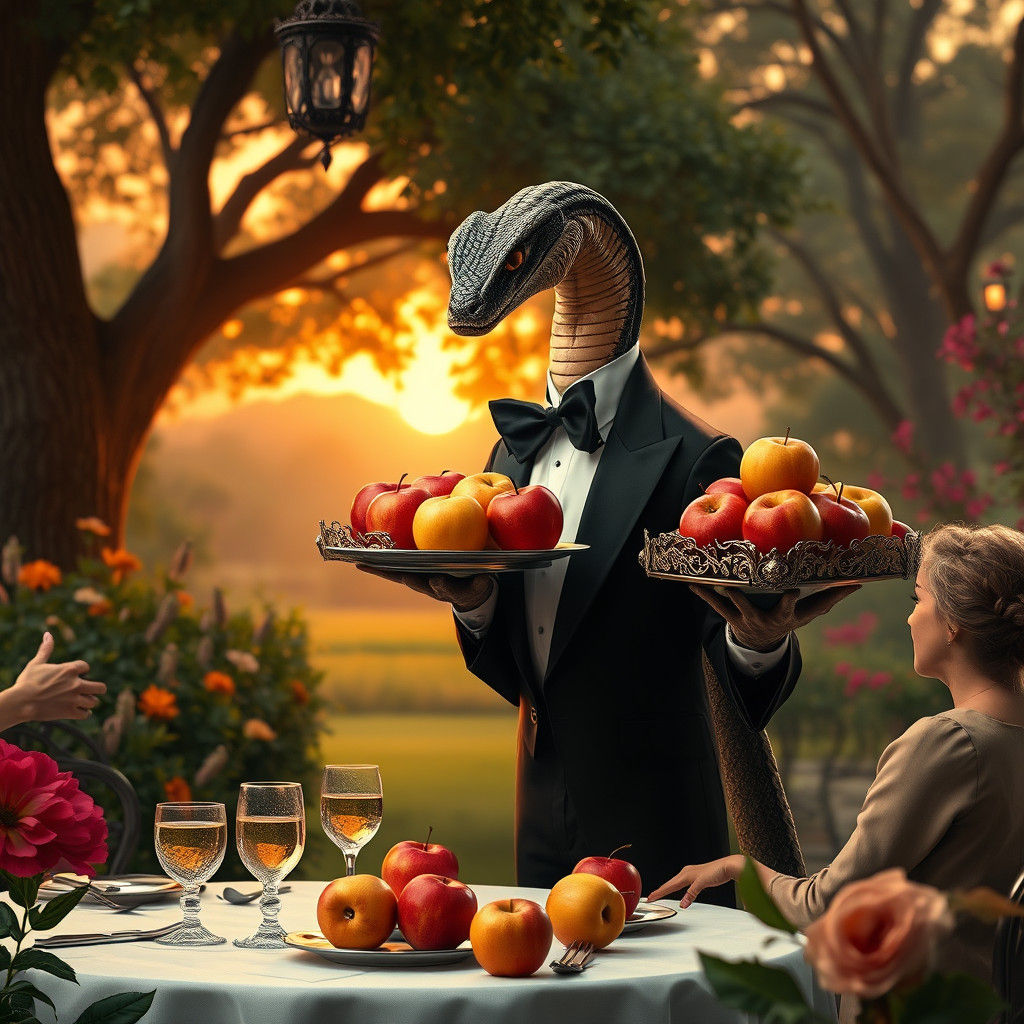 Elegant Serpent Waiter in Garden Serving Apples