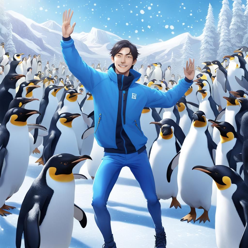 Figure Skater Celebrates With Cheering Penguins in Anime Sty...