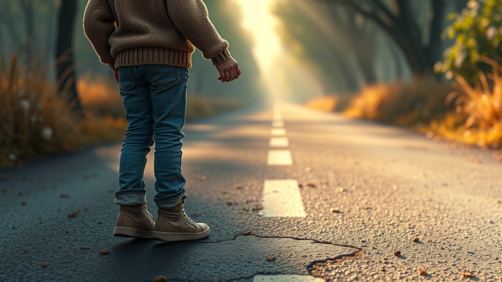 Child at Crossroads: A Whimsical Realism Scene