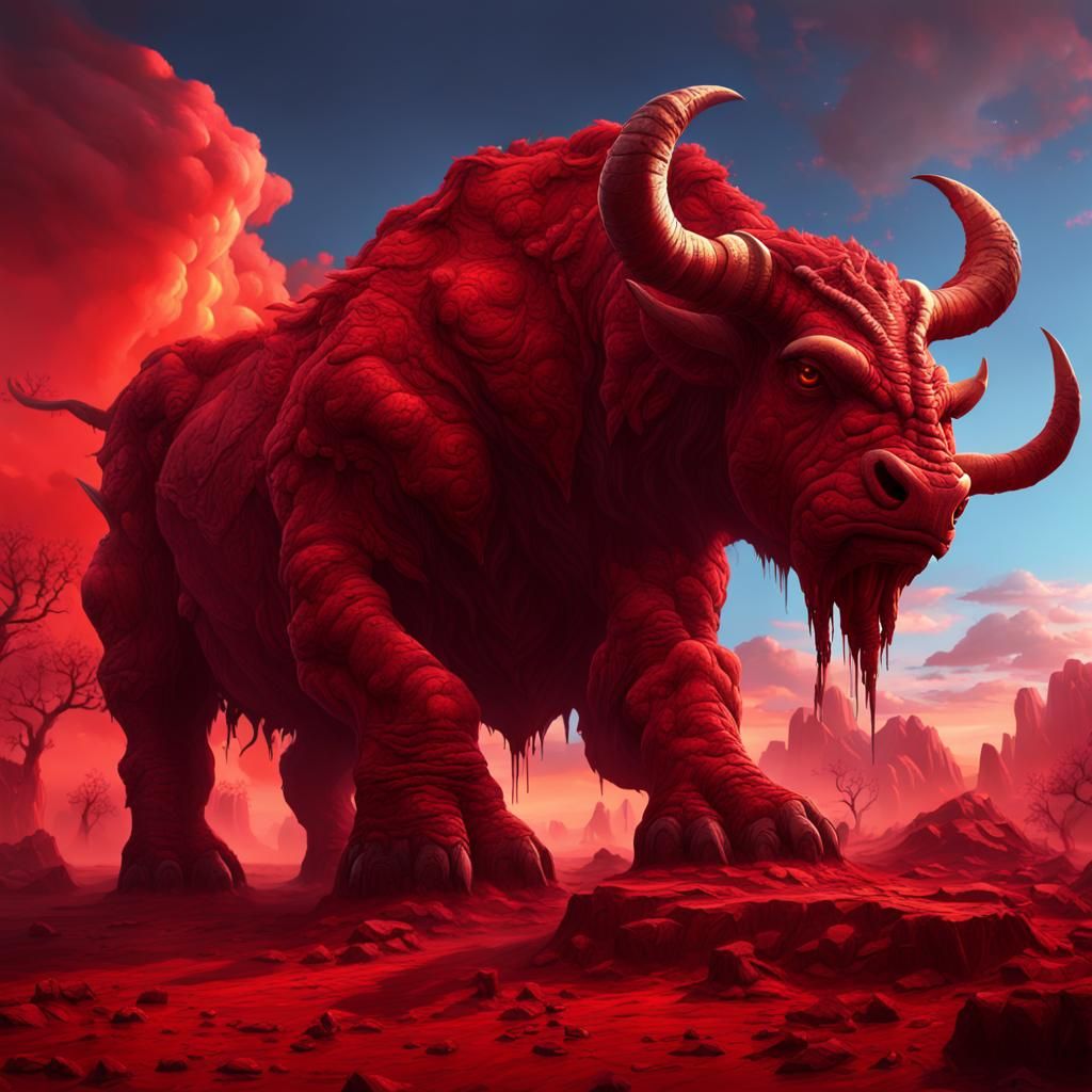 Giant Minotaur in Red Sky: Fantasy Concept Art