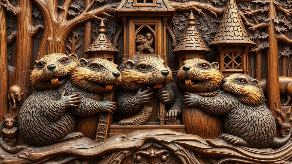 Beavers Carving Intricate Wooden Castle