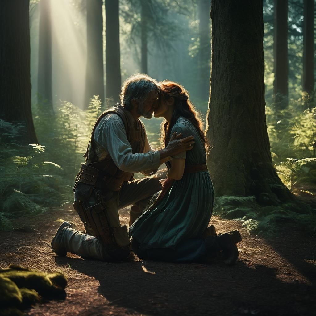 Woman Comforts Weeping Man in Forest Clearing