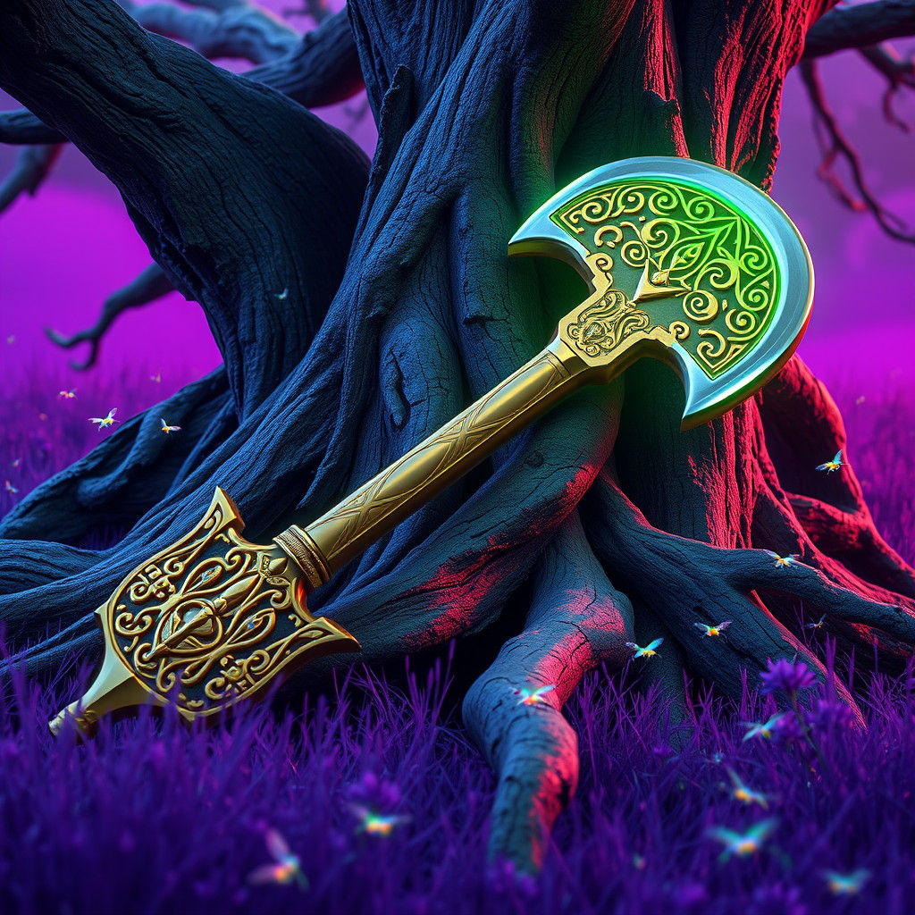 Mystical Golden Axe in Iridescent Meadow