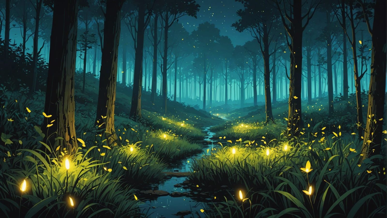 Fireflies Illuminate Forests in Anime Style