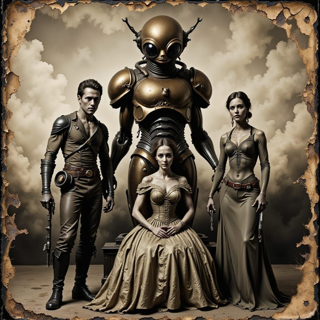 Rugged Men and Victorian Woman Encounter an Alien in a Sepia...