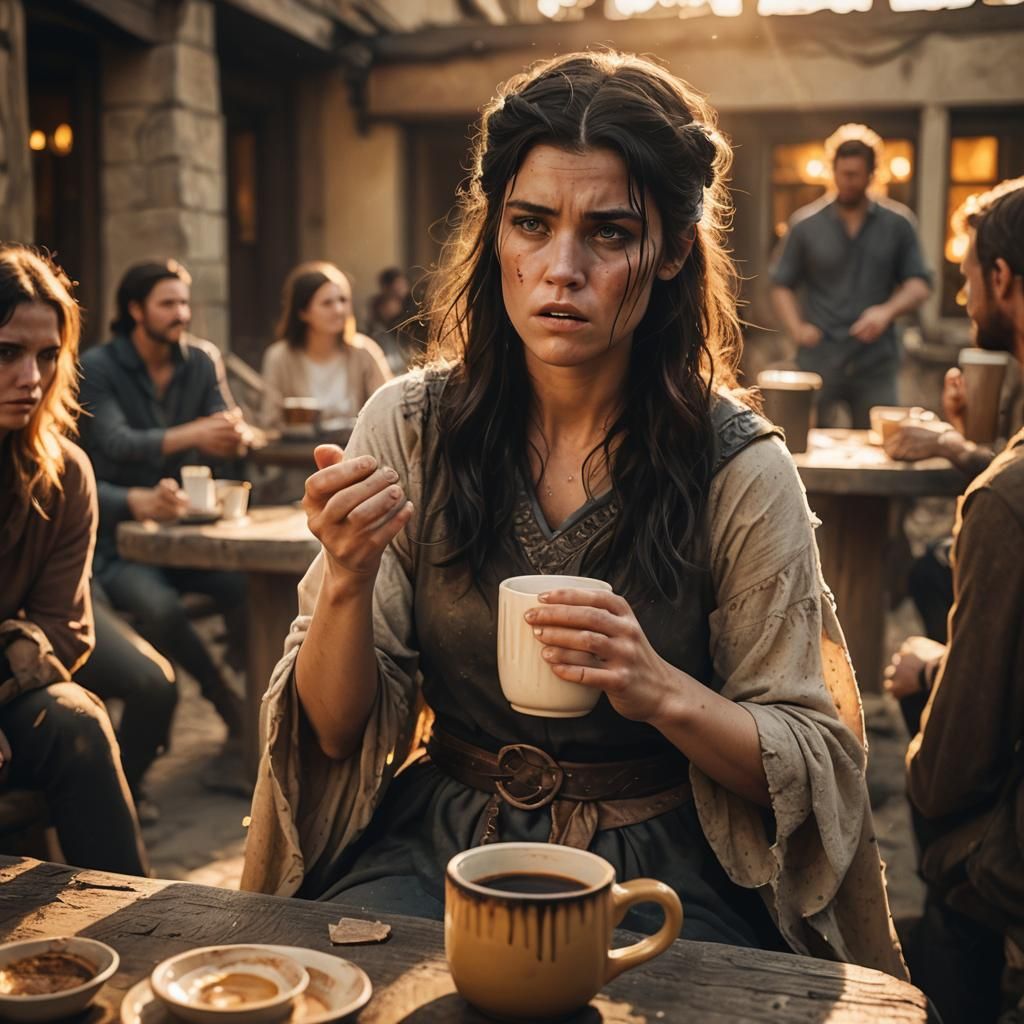 Viking Woman Begging on Coffee Mug, Cinematic Still