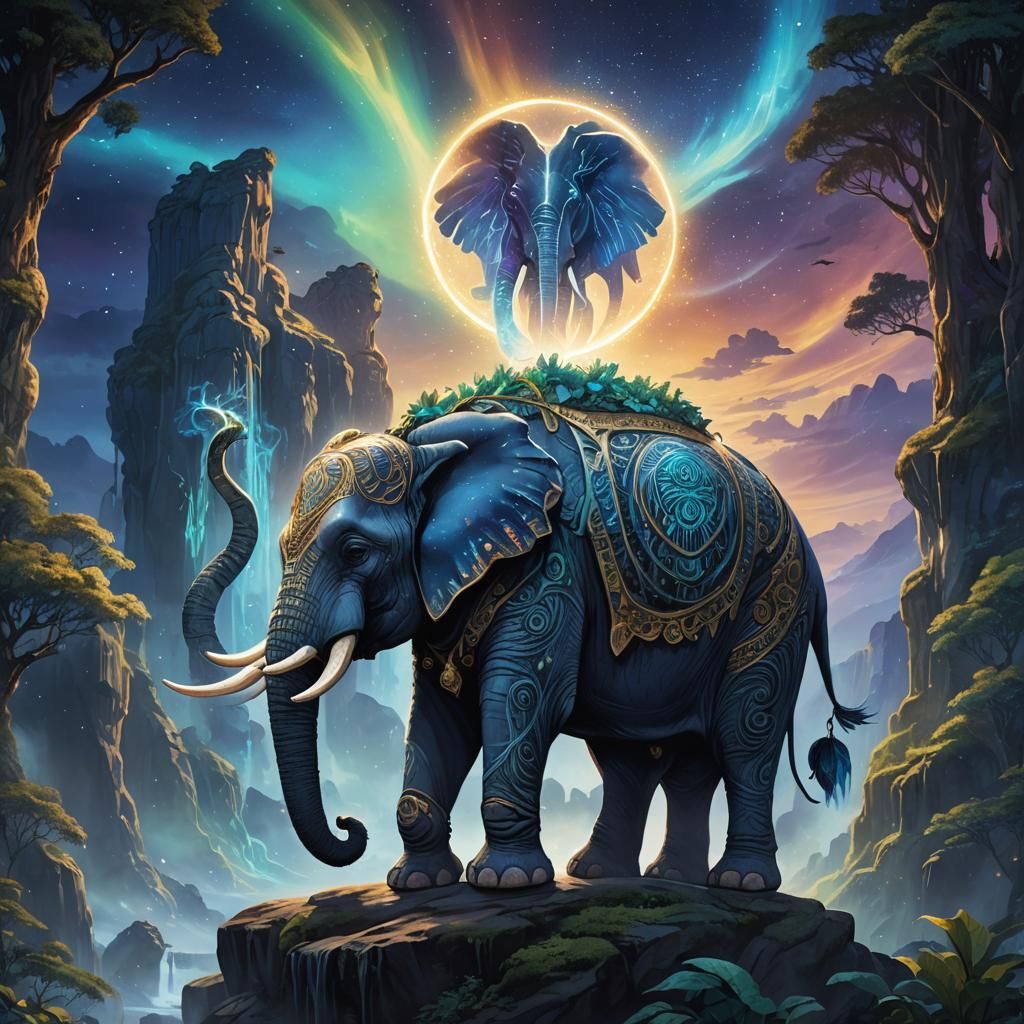 Mystical Elephant with Glowing Runes in Jungle
