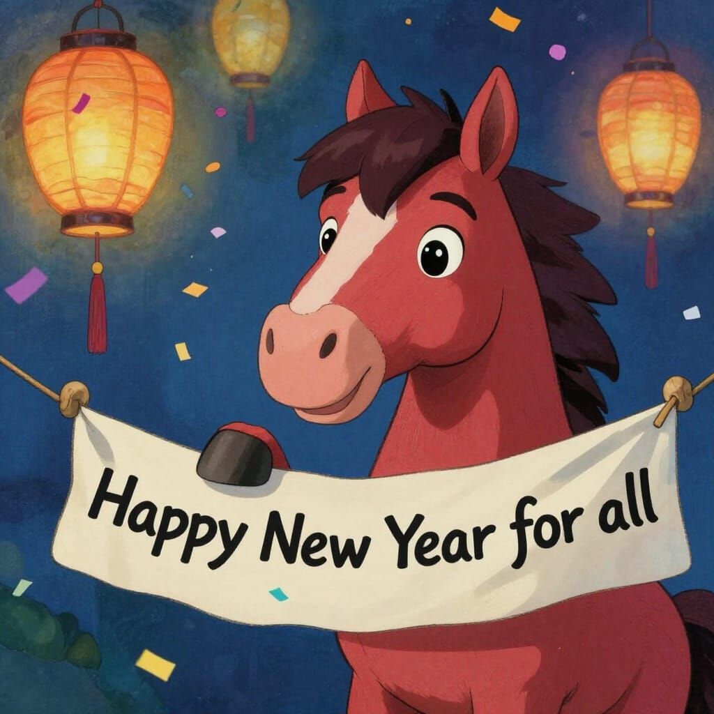 Cute Red Horse Greets Happy New Year in Chagall Ghibli Style