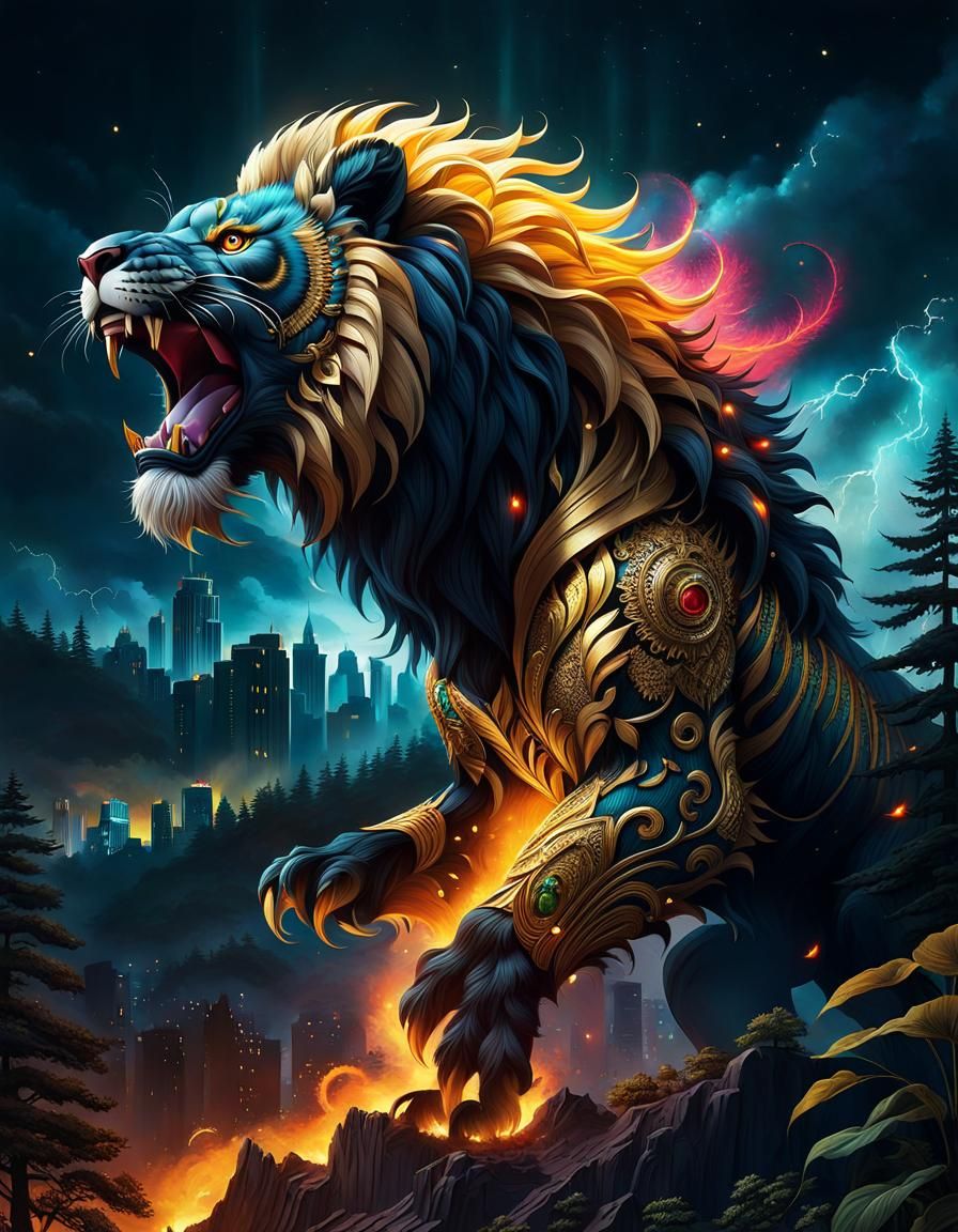 Majestic Lion and Caterpillar Monster in City