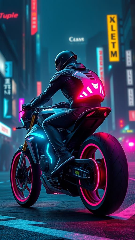 Cyberpunk Rider on Neon-Lit Futuristic Bike