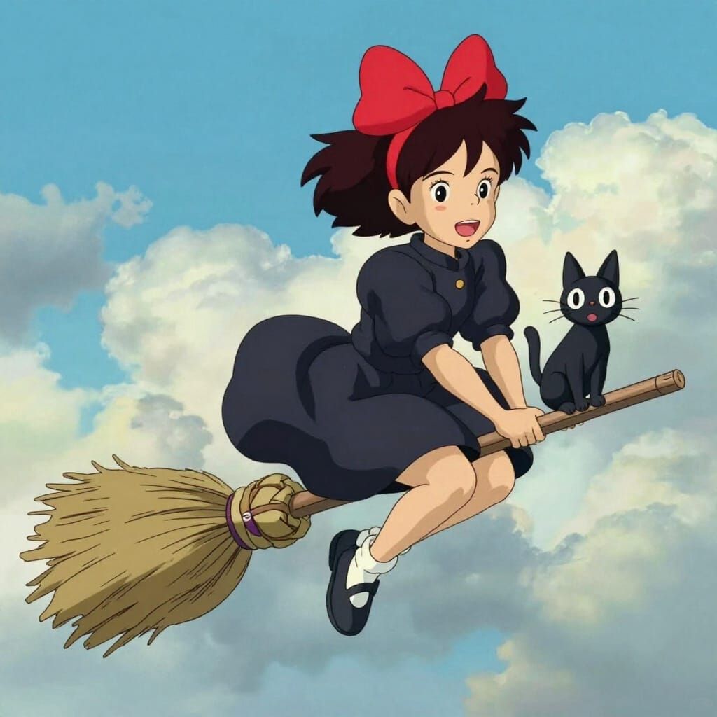 Kiki Flying on Broom with Jiji, Studio Ghibli Style