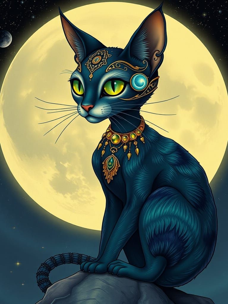 Ethereal Feline Goddess in Art Nouveau Splendor