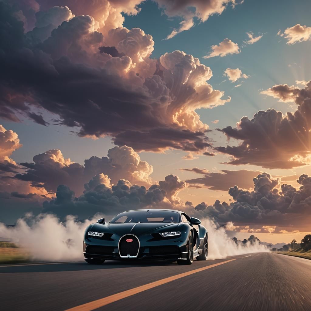 Black Bugatti Chiron Drives Between Clouds Concept Art