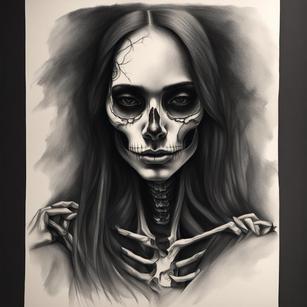 Charcoal Drawing: Shadow Woman with Skeleton Face