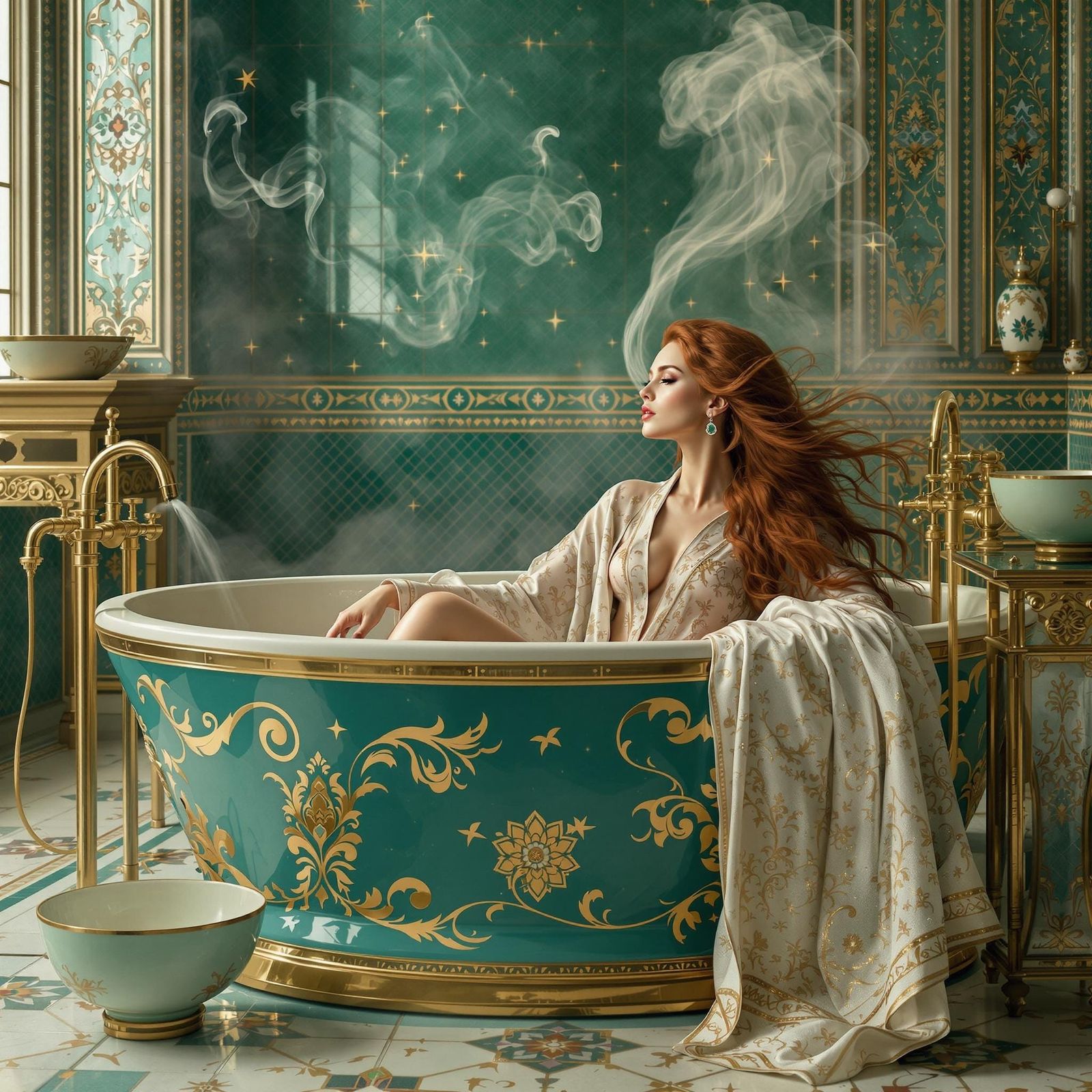 Elegant Woman in Luxurious Bath with Gold and Turquoise Acce...