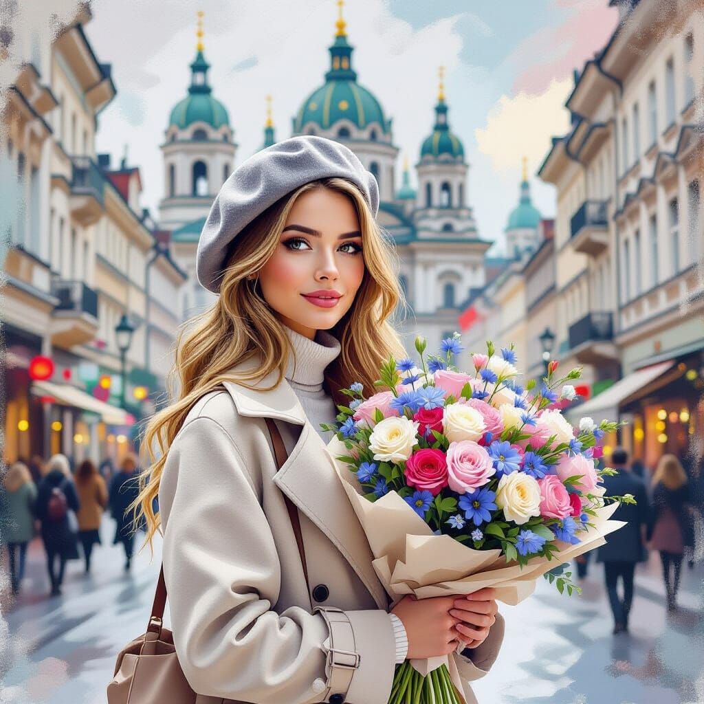 Woman with Flowers in Historic Town, Impasto Oil Painting